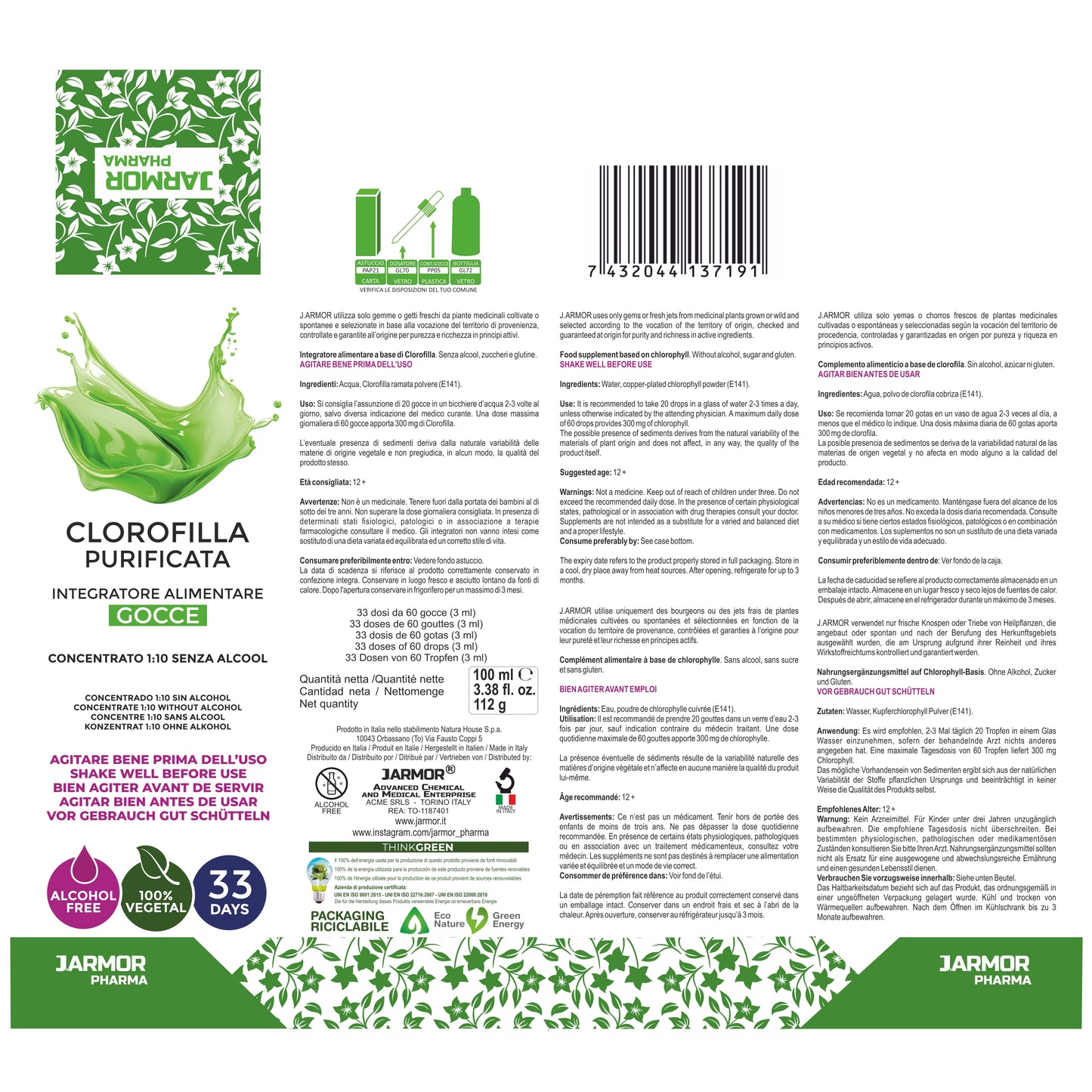 CLOROFILLA PURIFICATA - ANTIOSSIDANTE DISINTOSSICANTE (Soluzione Gocce)